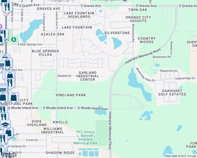 map of restaurants, bars, coffee shops, grocery stores, and more near 1078 Shadick Drive in Orange City