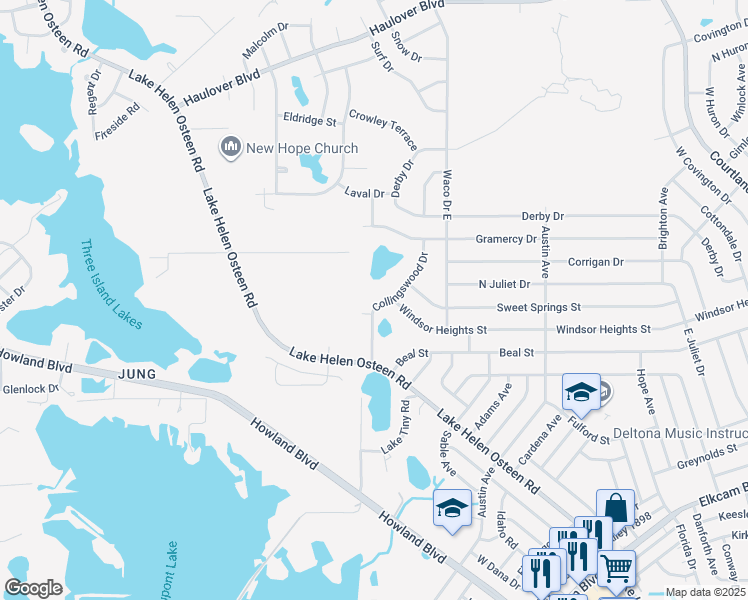 map of restaurants, bars, coffee shops, grocery stores, and more near 2624 Collingswood Drive in Deltona