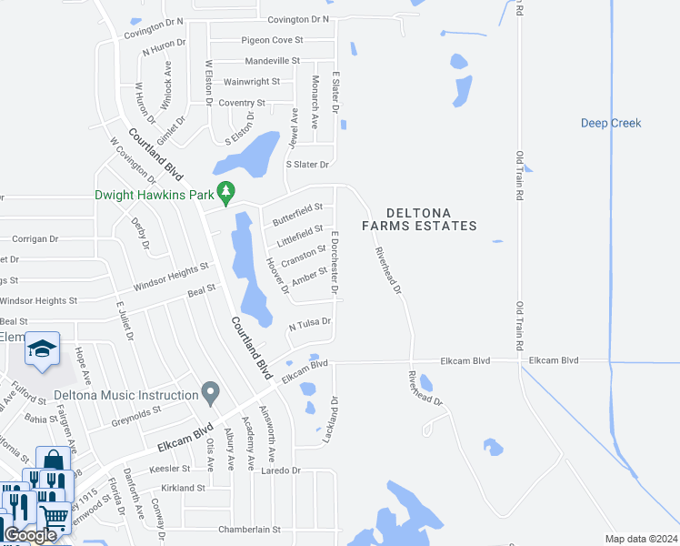 map of restaurants, bars, coffee shops, grocery stores, and more near 2657 East Dorchester Drive in Deltona