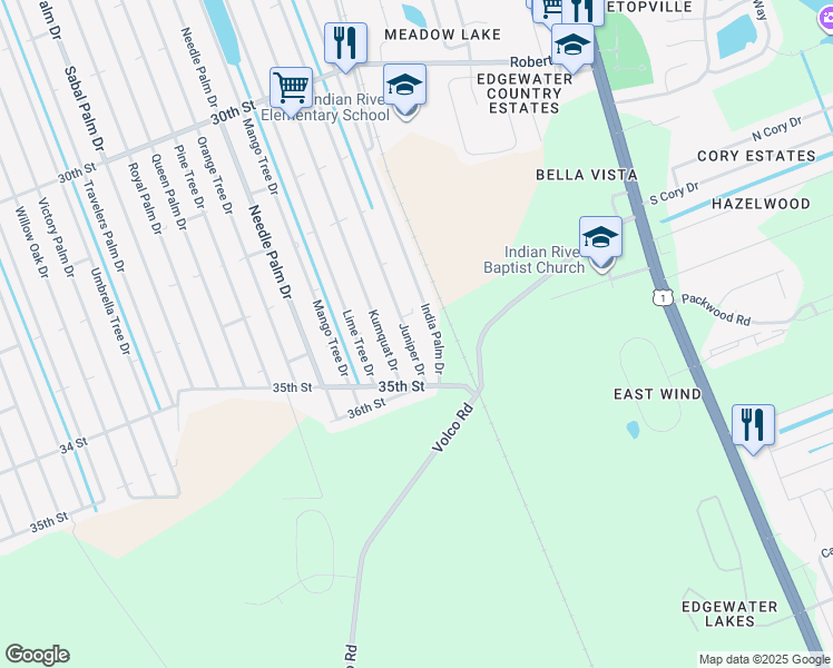 map of restaurants, bars, coffee shops, grocery stores, and more near 3421 Juniper Drive in Edgewater