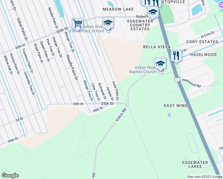 map of restaurants, bars, coffee shops, grocery stores, and more near 3413 Juniper Drive in Edgewater