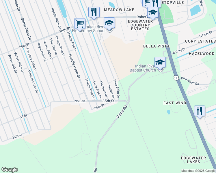 map of restaurants, bars, coffee shops, grocery stores, and more near 3408 Juniper Drive in Edgewater