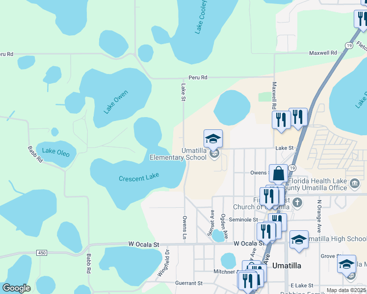 map of restaurants, bars, coffee shops, grocery stores, and more near 401 Lake Street in Umatilla