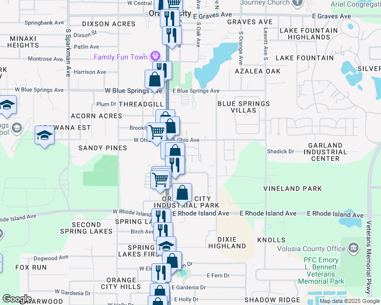 map of restaurants, bars, coffee shops, grocery stores, and more near 210 Whispering Oaks Court in Orange City