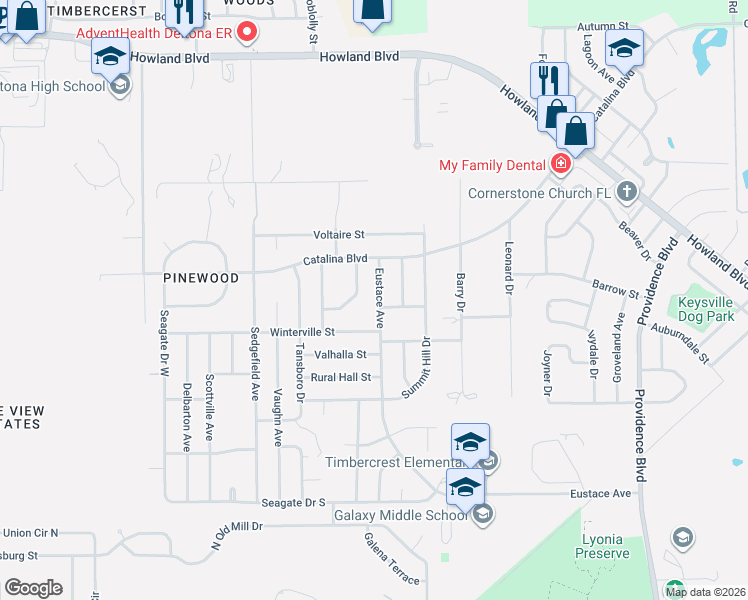 map of restaurants, bars, coffee shops, grocery stores, and more near 2680 Eustace Avenue in Deltona