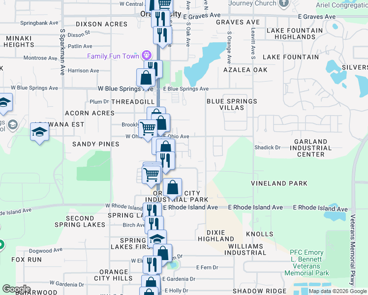 map of restaurants, bars, coffee shops, grocery stores, and more near 210 Whispering Oaks Court in Orange City