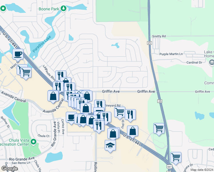 map of restaurants, bars, coffee shops, grocery stores, and more near 613 Tarrson Boulevard in Lady Lake