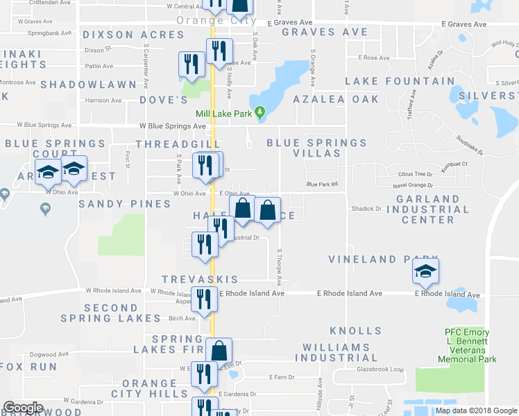 map of restaurants, bars, coffee shops, grocery stores, and more near 950 Smith Street in Orange City
