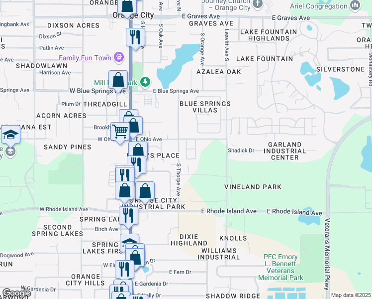 map of restaurants, bars, coffee shops, grocery stores, and more near 900 Greenleaf Gardens Court in Orange City