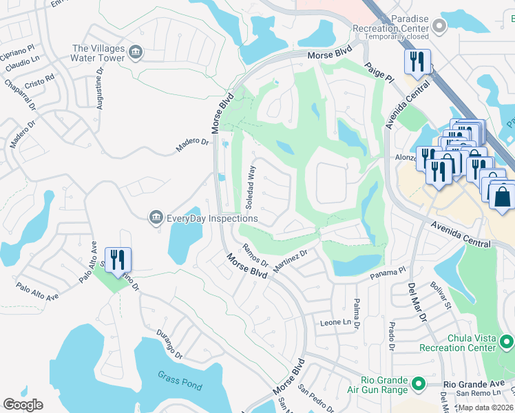 map of restaurants, bars, coffee shops, grocery stores, and more near 1511 Nueva Place in The Villages