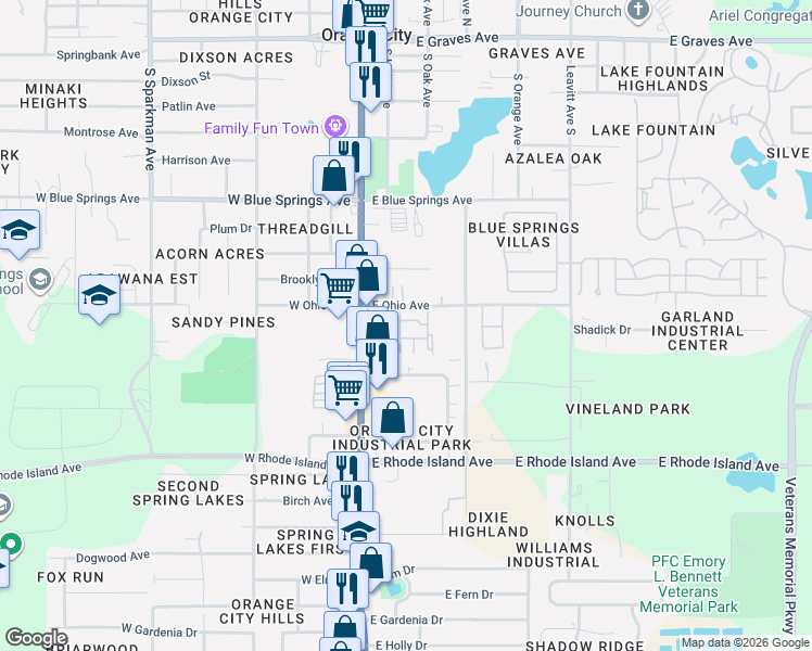 map of restaurants, bars, coffee shops, grocery stores, and more near 11 East Ohio Avenue in Orange City