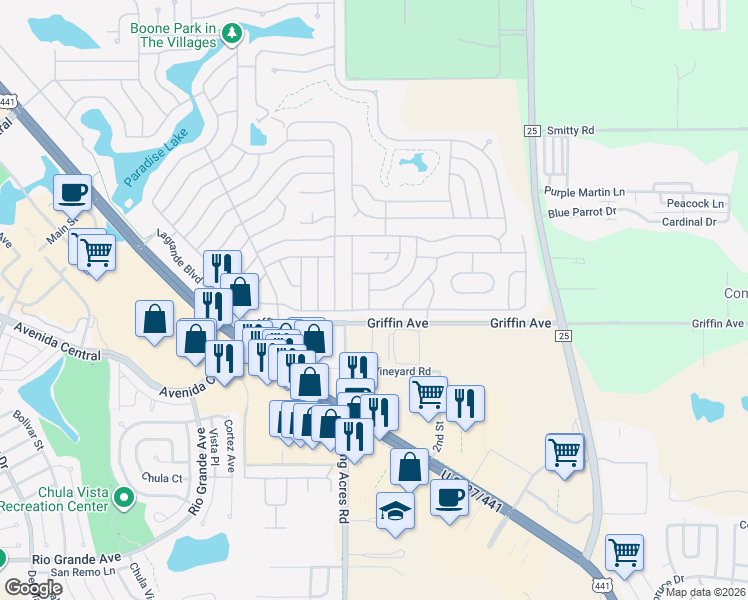 map of restaurants, bars, coffee shops, grocery stores, and more near 1012 Oren Avenue in Lady Lake