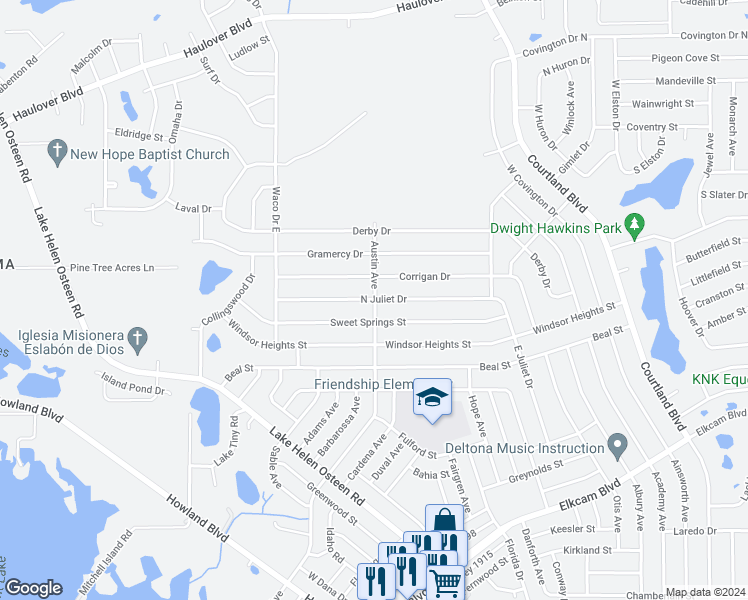 map of restaurants, bars, coffee shops, grocery stores, and more near 2729 North Juliet Drive in Deltona