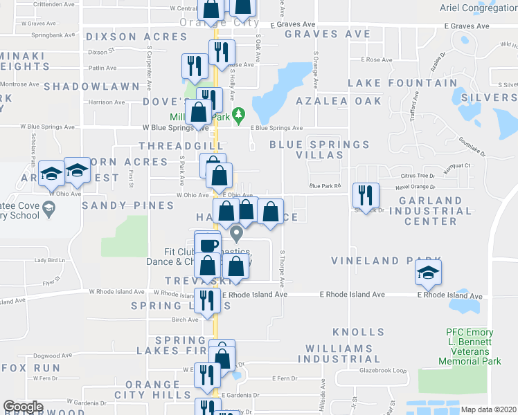 map of restaurants, bars, coffee shops, grocery stores, and more near 944 Smith Street in Orange City