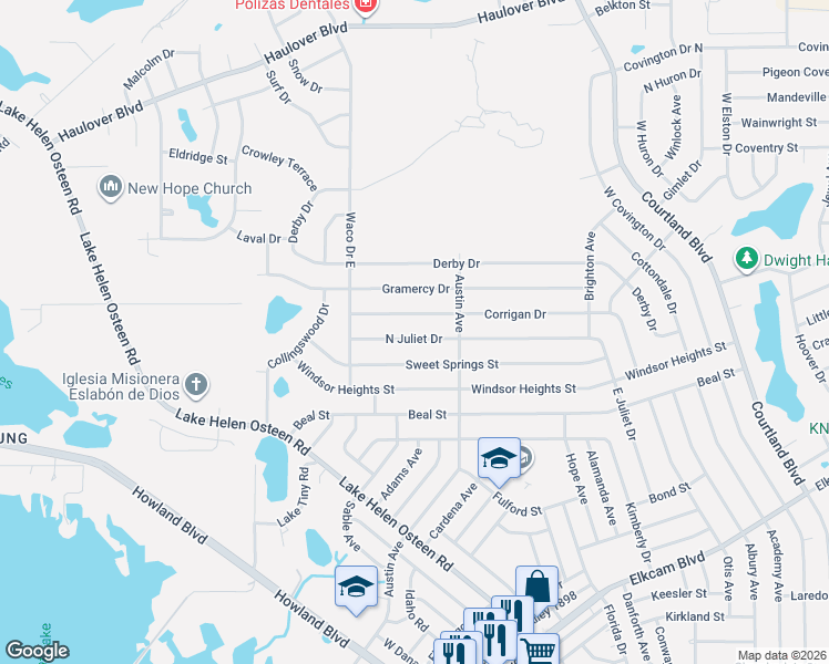 map of restaurants, bars, coffee shops, grocery stores, and more near 2678 North Juliet Drive in Deltona