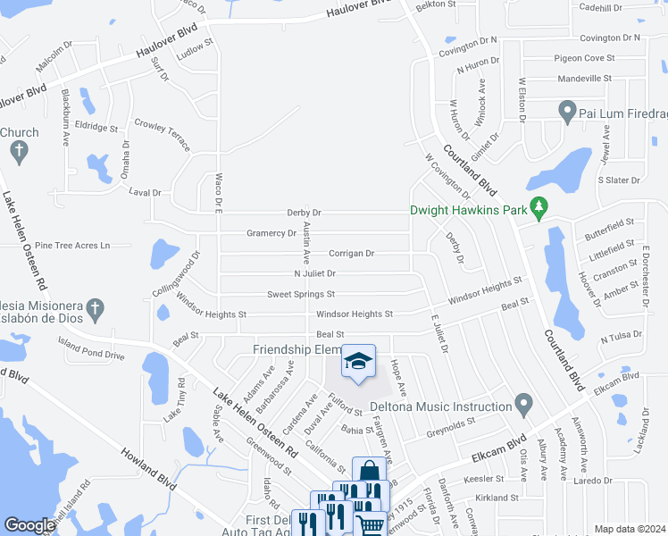 map of restaurants, bars, coffee shops, grocery stores, and more near 2764 North Juliet Drive in Deltona