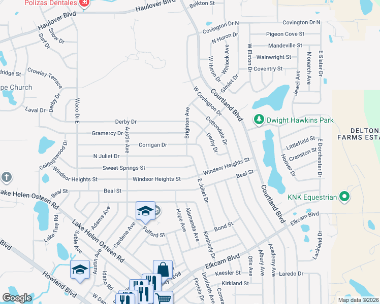 map of restaurants, bars, coffee shops, grocery stores, and more near 2865 Corrigan Drive in Deltona