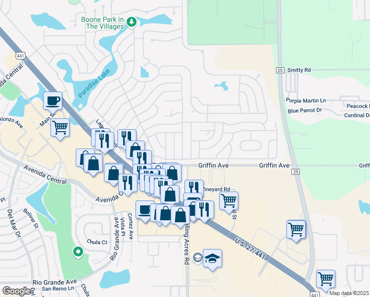 map of restaurants, bars, coffee shops, grocery stores, and more near 1012 Dustin Drive in Lady Lake