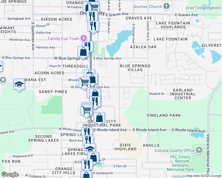 map of restaurants, bars, coffee shops, grocery stores, and more near 345 East Ohio Avenue in Orange City