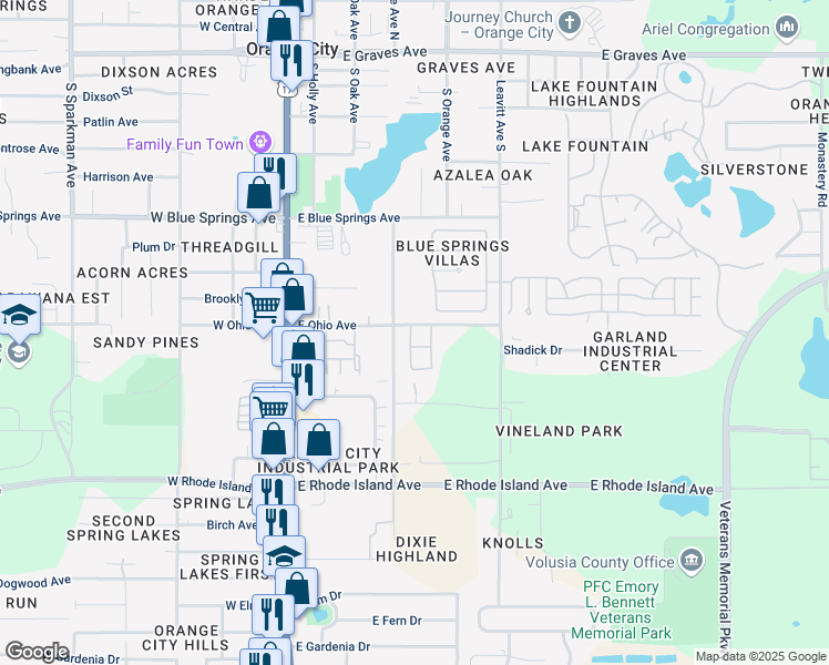 map of restaurants, bars, coffee shops, grocery stores, and more near 904 Greenleaf Circle in Orange City