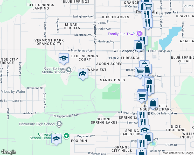 map of restaurants, bars, coffee shops, grocery stores, and more near 900 South Sparkman Avenue in Orange City