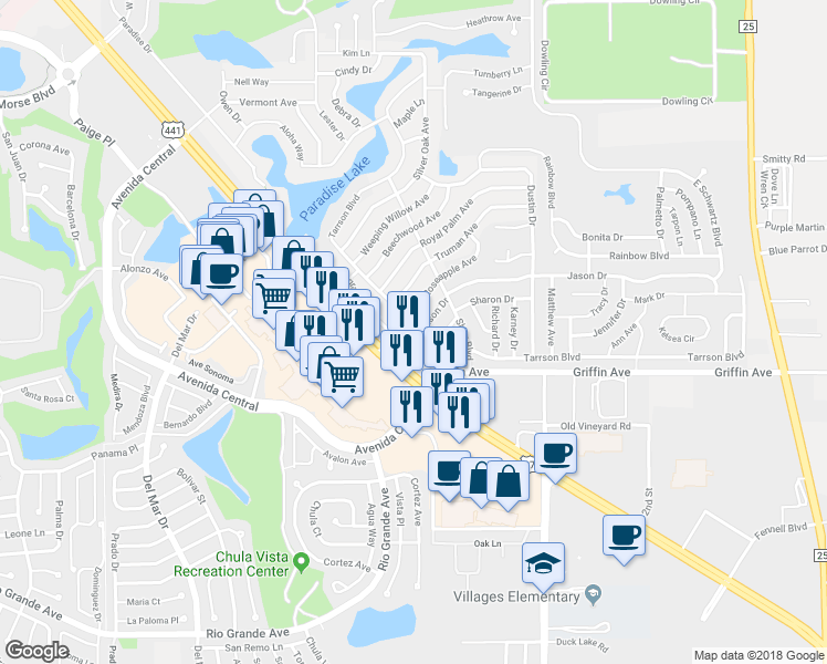 map of restaurants, bars, coffee shops, grocery stores, and more near 824 Tarrson Boulevard in Lady Lake