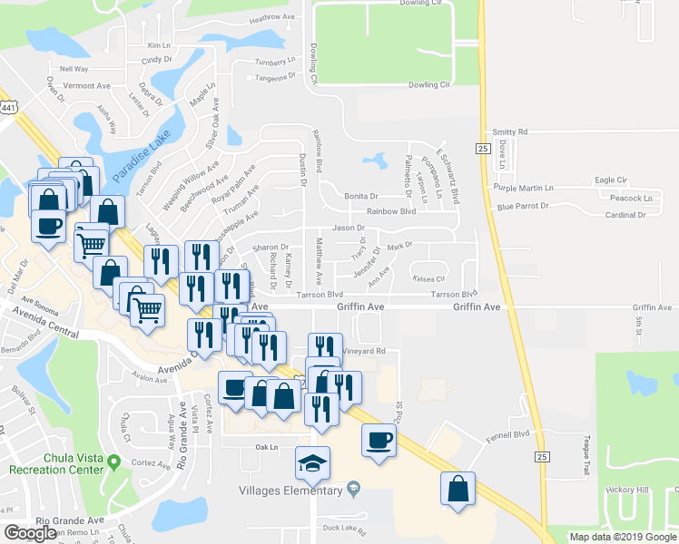 map of restaurants, bars, coffee shops, grocery stores, and more near 632 Jennifer Drive in Lady Lake