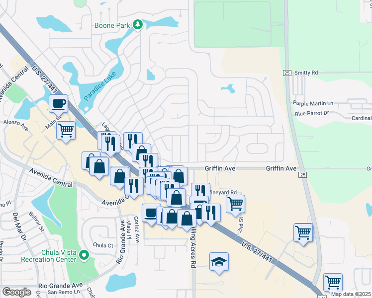 map of restaurants, bars, coffee shops, grocery stores, and more near 1012 Dustin Drive in Lady Lake