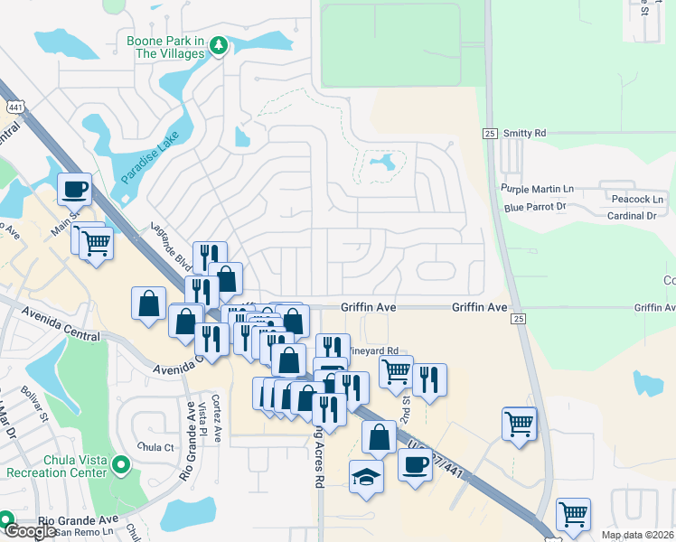map of restaurants, bars, coffee shops, grocery stores, and more near 1012 Oren Avenue in Lady Lake