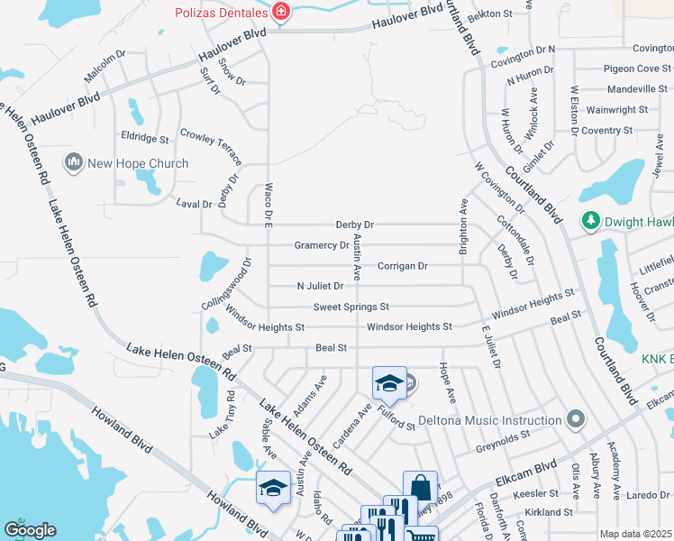 map of restaurants, bars, coffee shops, grocery stores, and more near 2701 Corrigan Drive in Deltona