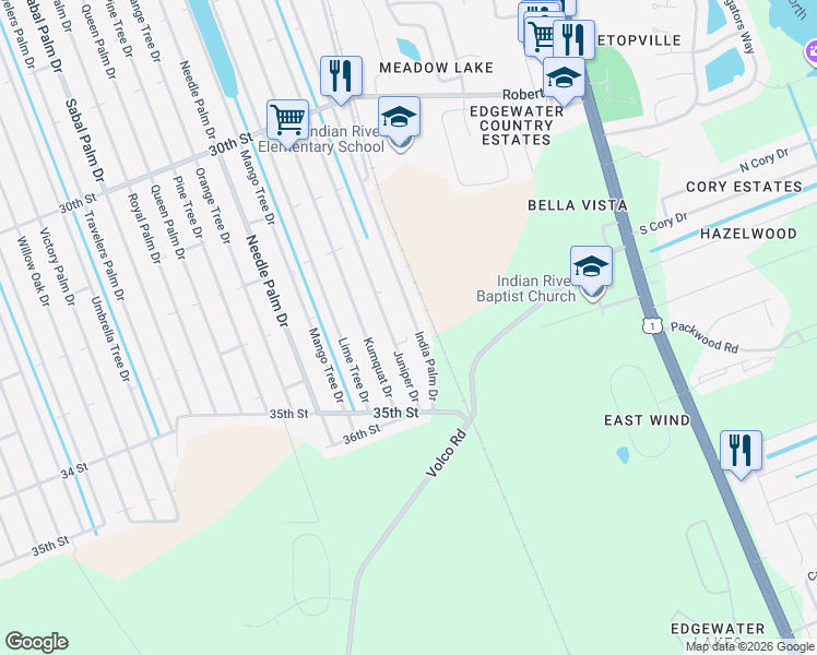 map of restaurants, bars, coffee shops, grocery stores, and more near 3328 India Palm Dr in Edgewater