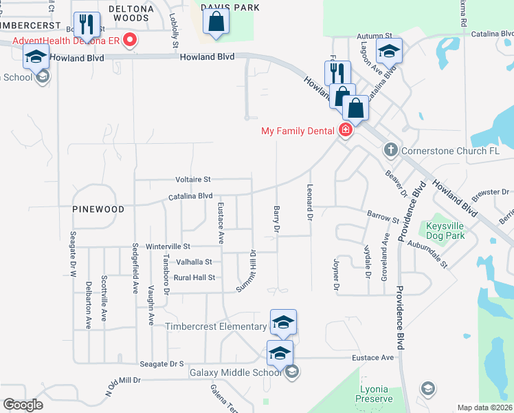 map of restaurants, bars, coffee shops, grocery stores, and more near 1464 Summit Hill Dr in Deltona