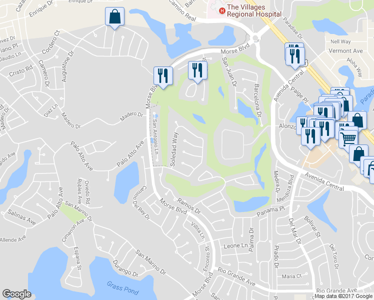 map of restaurants, bars, coffee shops, grocery stores, and more near 1511 Nueva Place in The Villages