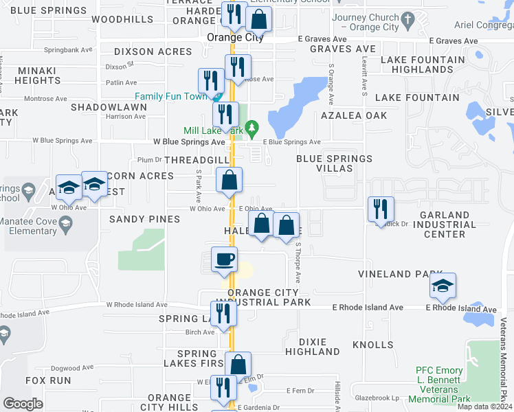 map of restaurants, bars, coffee shops, grocery stores, and more near 11 East Ohio Avenue in Orange City