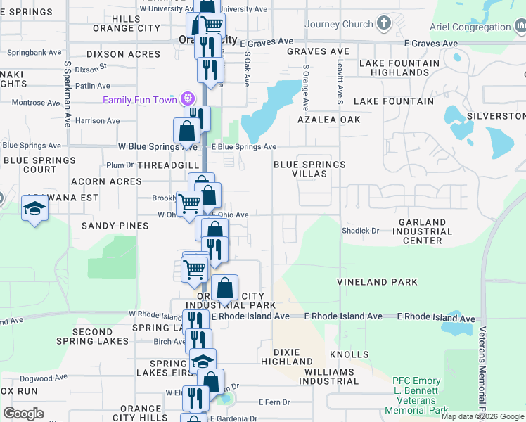 map of restaurants, bars, coffee shops, grocery stores, and more near 345 East Ohio Avenue in Orange City