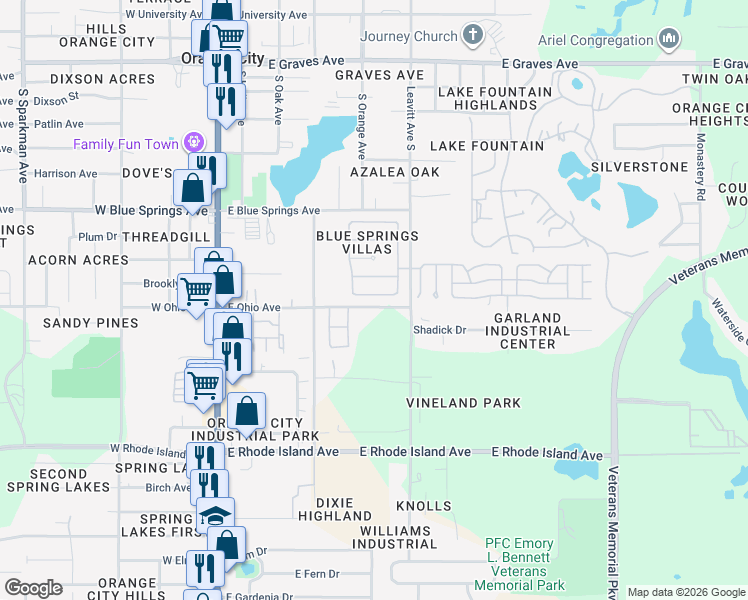 map of restaurants, bars, coffee shops, grocery stores, and more near 562 Blue Park Road in Orange City