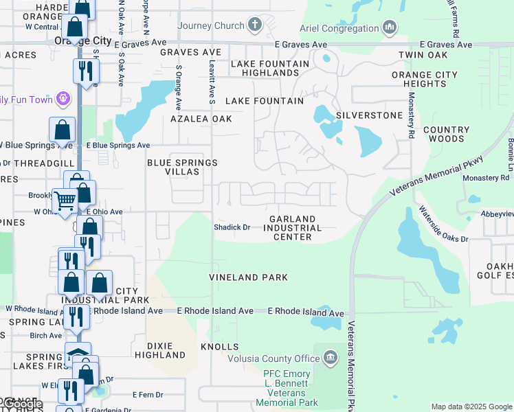 map of restaurants, bars, coffee shops, grocery stores, and more near 818-879 Navel Orange Drive in Orange City