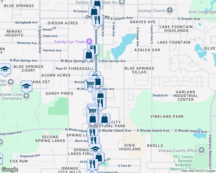map of restaurants, bars, coffee shops, grocery stores, and more near 11 East Ohio Avenue in Orange City