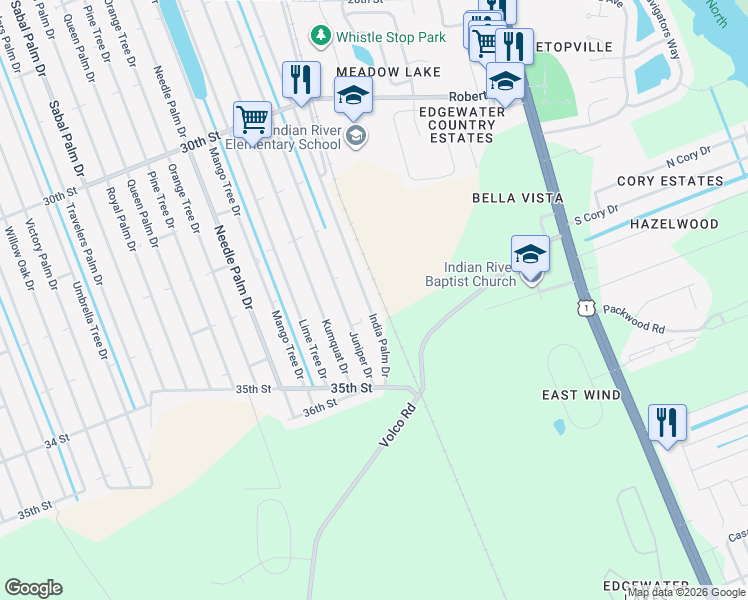 map of restaurants, bars, coffee shops, grocery stores, and more near 3328 India Palm Drive in Edgewater
