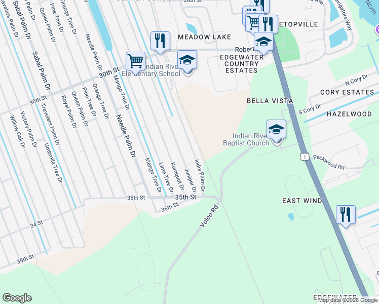 map of restaurants, bars, coffee shops, grocery stores, and more near 3328 India Palm Drive in Edgewater