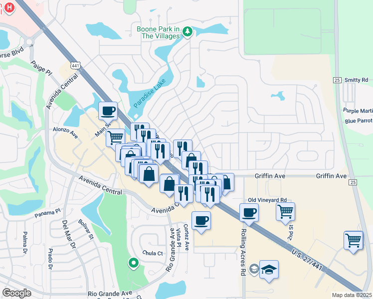 map of restaurants, bars, coffee shops, grocery stores, and more near 824 Tarrson Boulevard in Lady Lake
