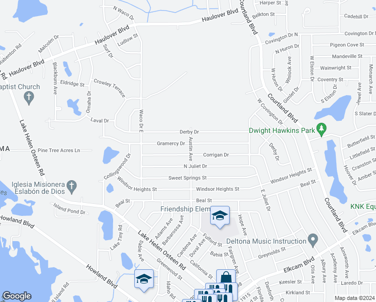 map of restaurants, bars, coffee shops, grocery stores, and more near 2700 Austin Avenue in Deltona