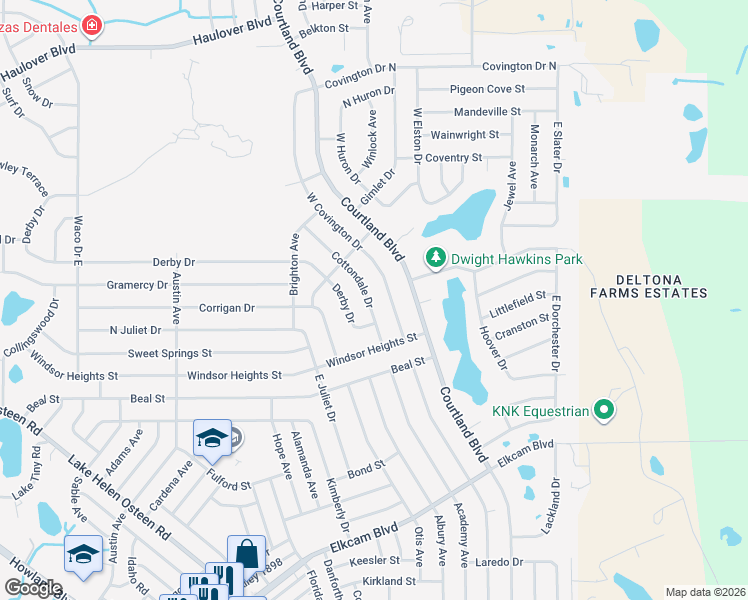 map of restaurants, bars, coffee shops, grocery stores, and more near 2857 Cottondale Drive in Deltona