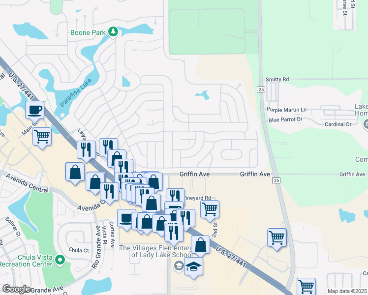 map of restaurants, bars, coffee shops, grocery stores, and more near 616 Tracy Drive in Lady Lake