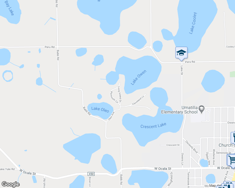 map of restaurants, bars, coffee shops, grocery stores, and more near 40607 Long Island Drive in Umatilla