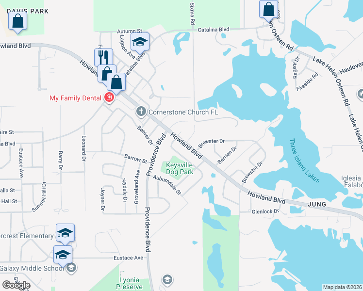 map of restaurants, bars, coffee shops, grocery stores, and more near 2747 Howland Boulevard in Deltona