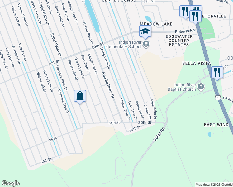 map of restaurants, bars, coffee shops, grocery stores, and more near 3306 Mango Tree Drive in Edgewater