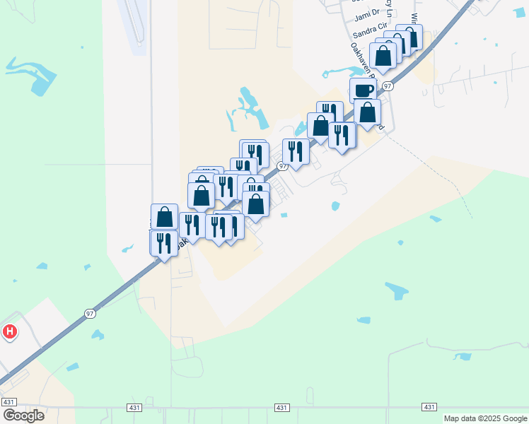 map of restaurants, bars, coffee shops, grocery stores, and more near 2057 West Oaklawn Road in Pleasanton