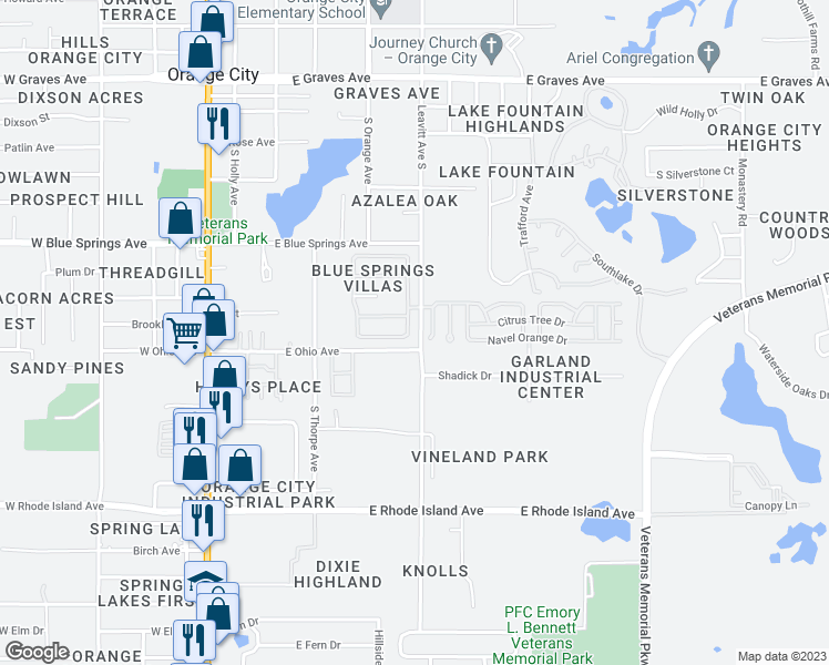 map of restaurants, bars, coffee shops, grocery stores, and more near 862 Cavern Av Road in Orange City