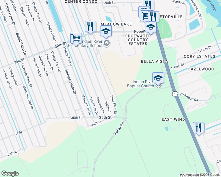 map of restaurants, bars, coffee shops, grocery stores, and more near 3328 India Palm Drive in Edgewater